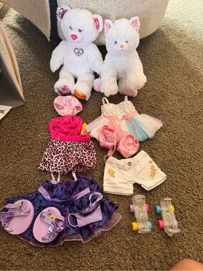 White Plush Bear and Cat Toy Set with Pink & Purple Doll Clothes